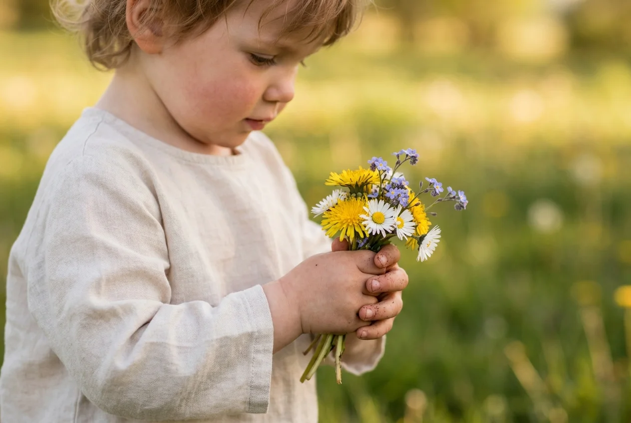 Småbarn holder en liten bukett ville blomster plukket i mai