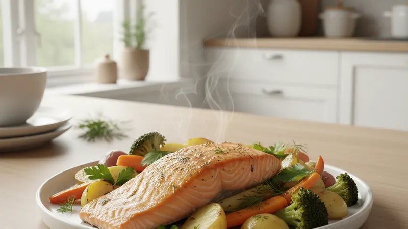 Gravid kvinne som nyter trygg laksemiddag