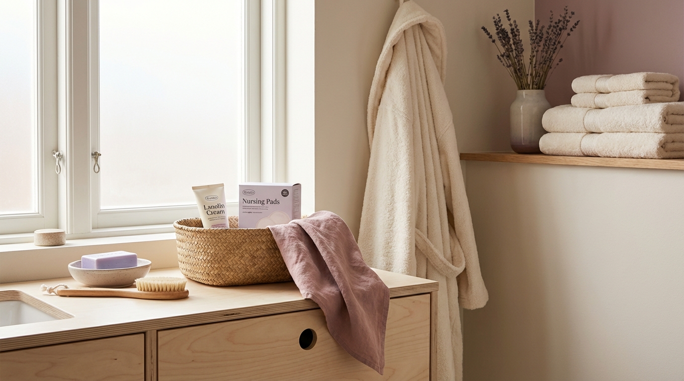 Ammeutstyr med lanolinkrem og ammeinnlegg i en lys nordisk setting