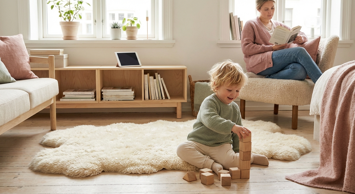 Norsk familie med småbarn som leker uten skjerm i stue