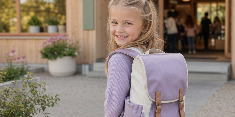 Glad 6-åring med ny skoleranselt på ryggen smiler stolt utenfor skoleporten
