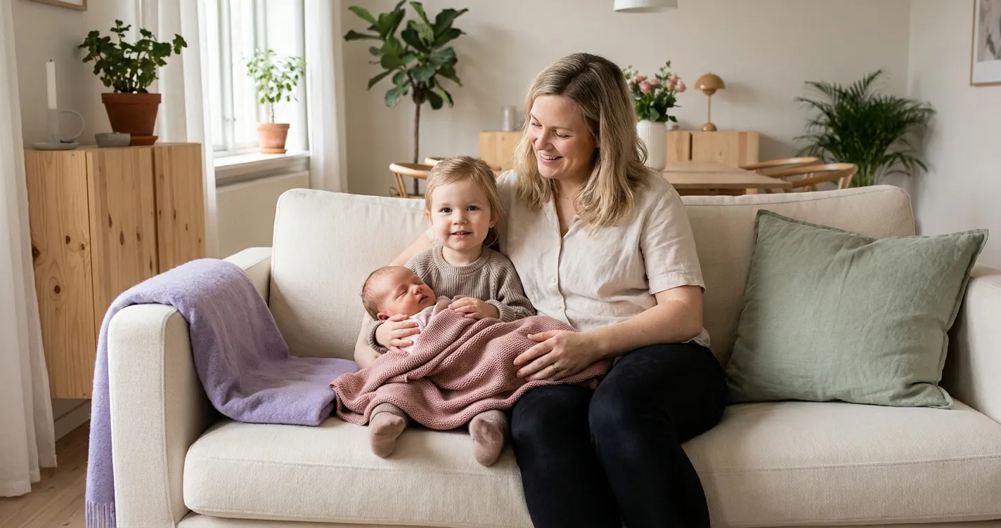 Forelder og barn i et rolig hjemmemiljø - illustrasjon for Småbarn som våkner igjen etter nytt søsken