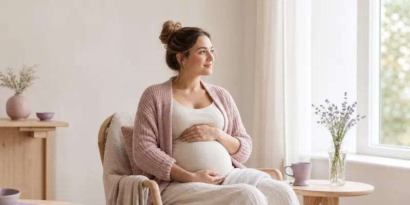 Rolig gravid kvinne som går tur ute i et grønt nabolag