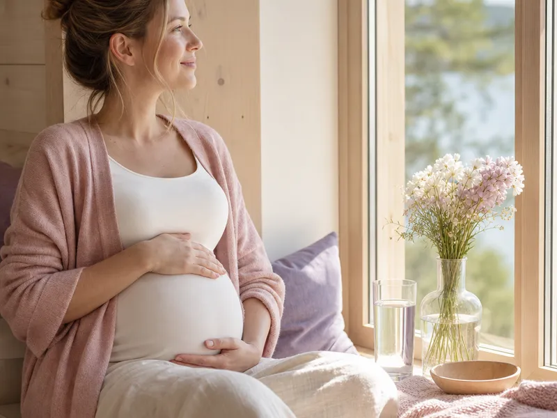 Gravid kvinne i samtale med jordmor på et lyst helsestasjonskontor