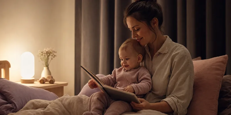 Forelder leser bok for baby i dempet kveldslys foran lystette gardiner