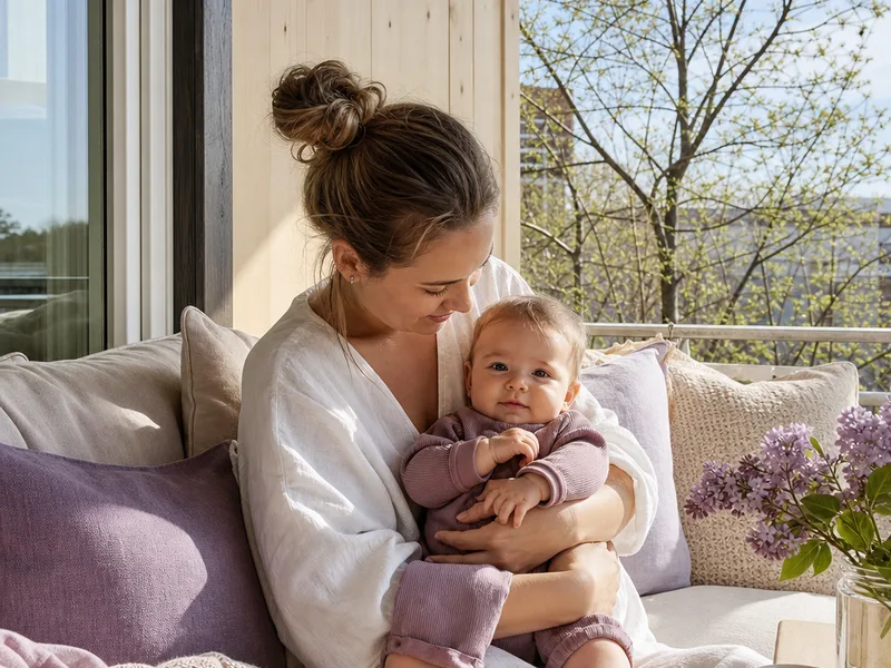 Forelder og baby ute i morgenlys på en balkong, koselig norsk vårmorgen
