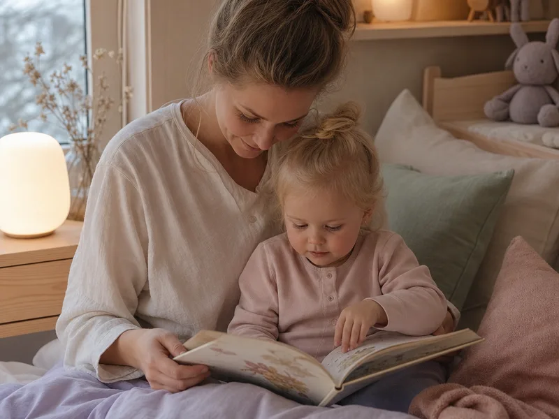 Toåring og forelder som leser bok sammen i dempet lys som del av kveldsrutinen