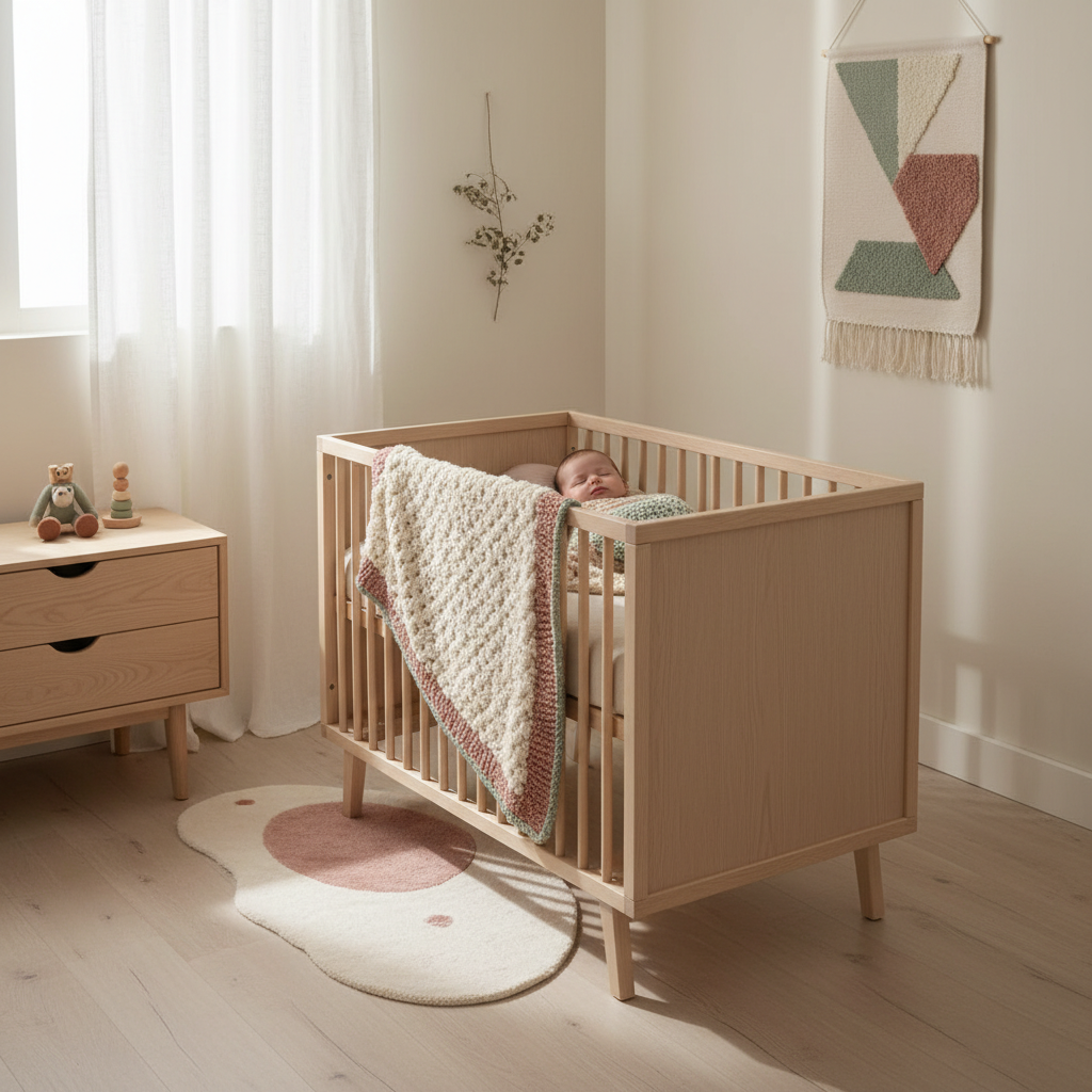 Fredelig sovende baby i barneseng med mykt lys