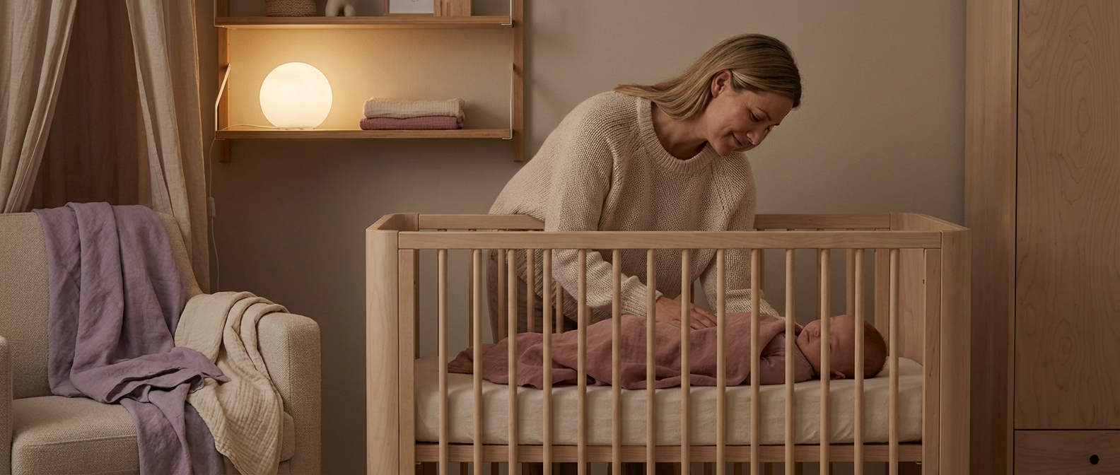 Mor som ser på sovende baby i sprinkelseng