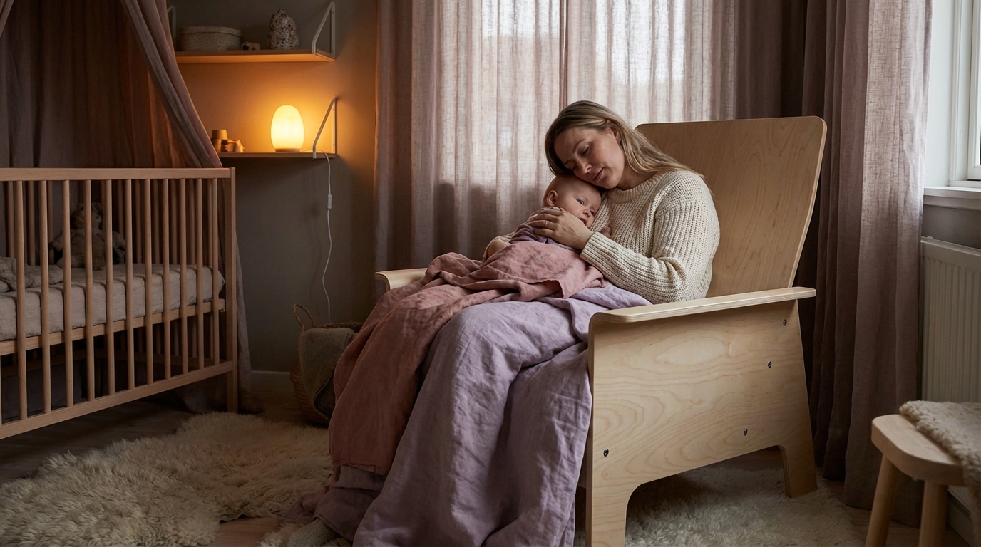 Mor som trøster baby om natten i koselig nordisk barnerom