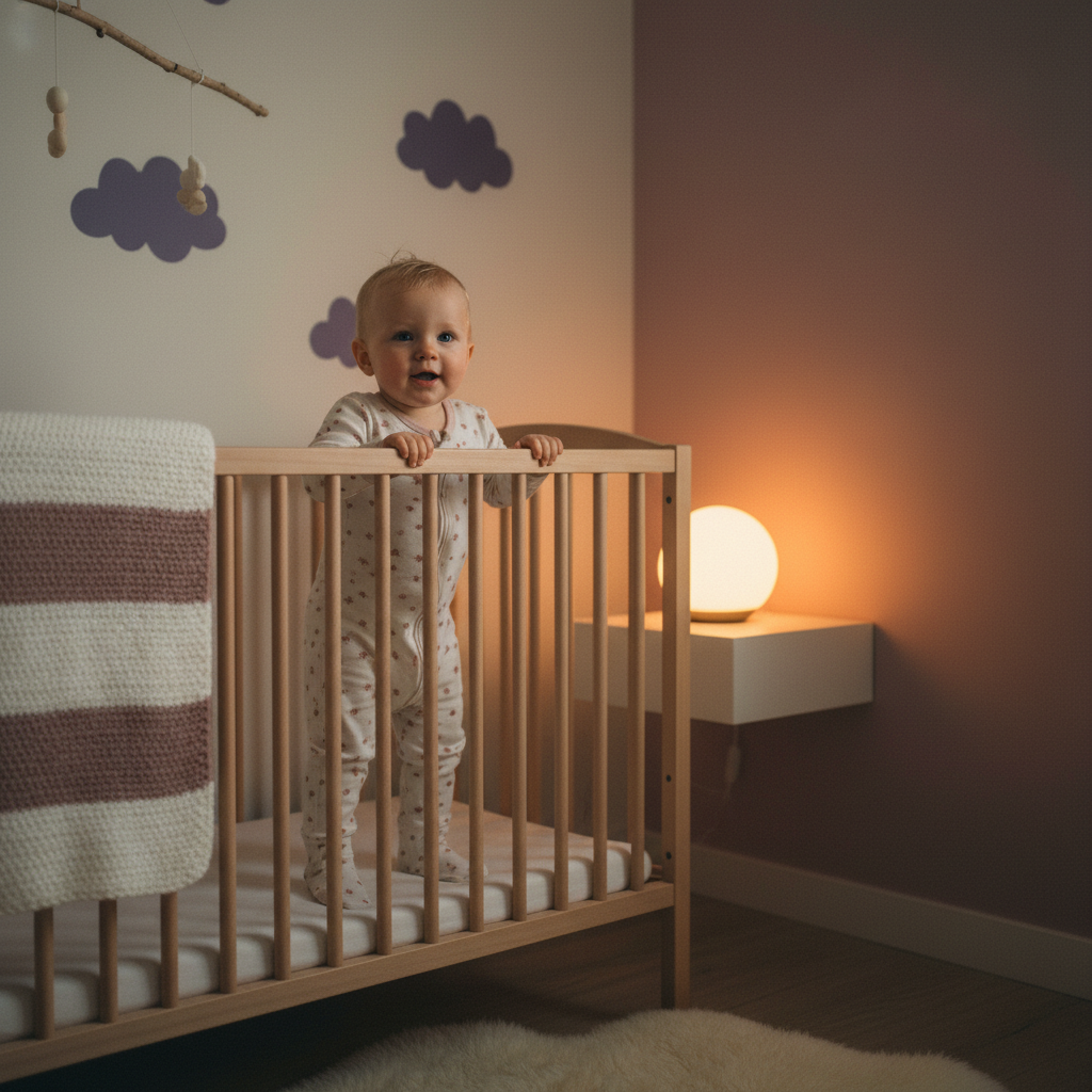 Baby som holder seg opp i sprinkelsengen om natten