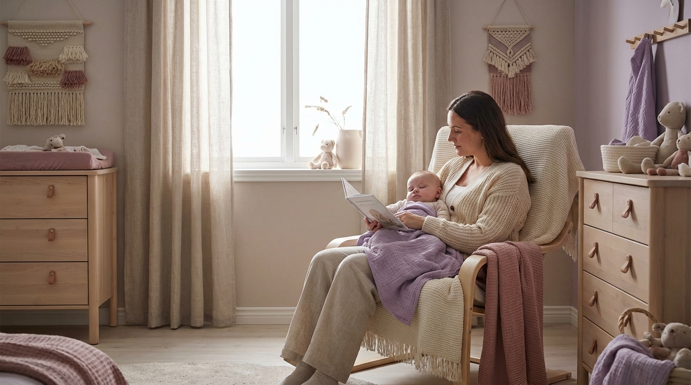 Mor som leser bok for baby i koselig barnerom ved leggetid