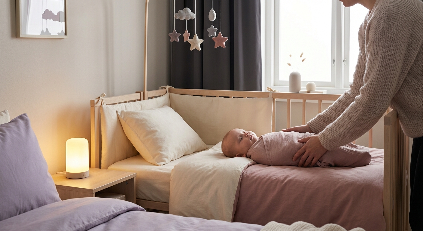 Sovende baby i barneseng i dempet belysning i et rolig norsk barnerom