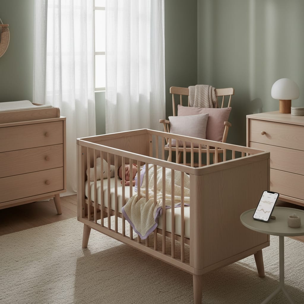 Baby som sover fredelig med Sova søvnsporer-app på telefon