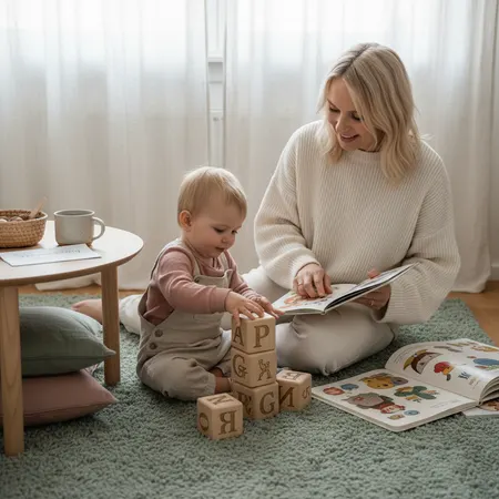 Forelder og barn i et rolig hjemmemiljø - illustrasjon for Språkutvikling hos 2-åringen