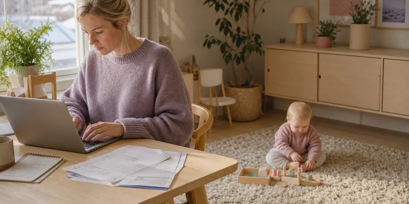 Mor som planlegger familieøkonomi på laptop mens baby leker på gulvet