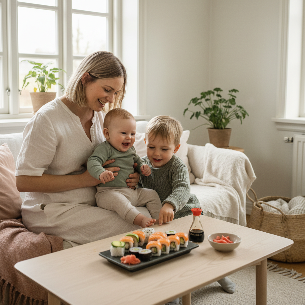 Omsorgsfull forelder som støtter barn - Sushi og gravid