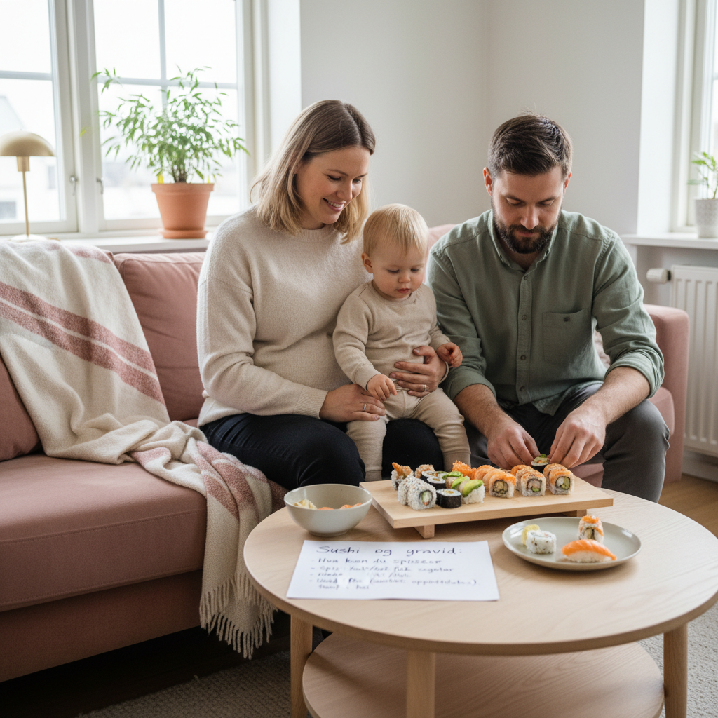 Forelder og barn i et rolig hjemmemiljø - illustrasjon for Sushi og gravid