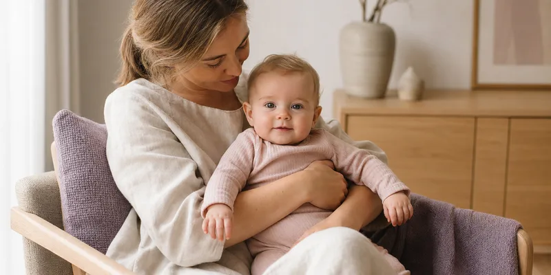 Rolig forelder som holder en fornøyd, våken baby i et varmt skandinavisk hjem