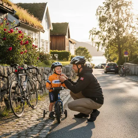 Omsorgsfull forelder som støtter barn - Sykkelhjelm barn - trygg hjelm i riktig størrelse