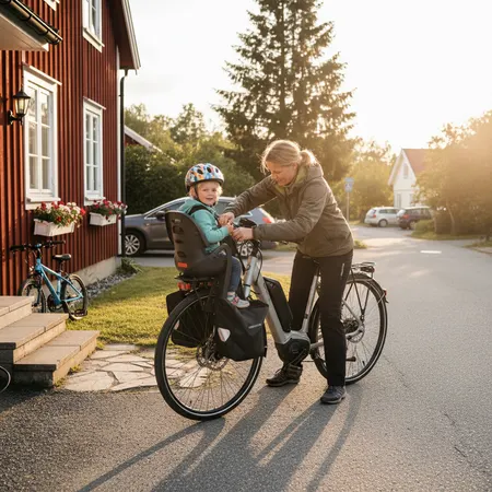 Omsorgsfull forelder som støtter barn - Sykkelsete barn - trygg sykling med de minste