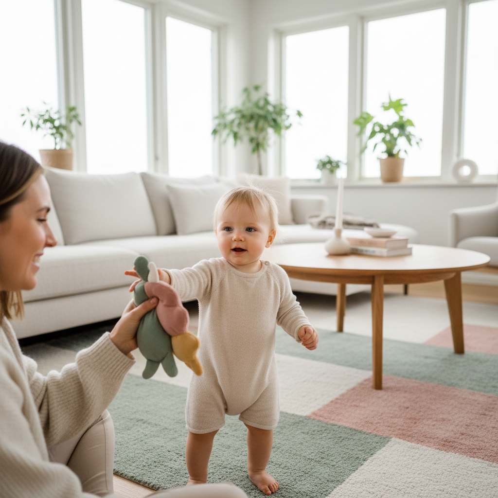 Forelder og barn i et rolig hjemmemiljø - illustrasjon for Synsutvikling hos baby