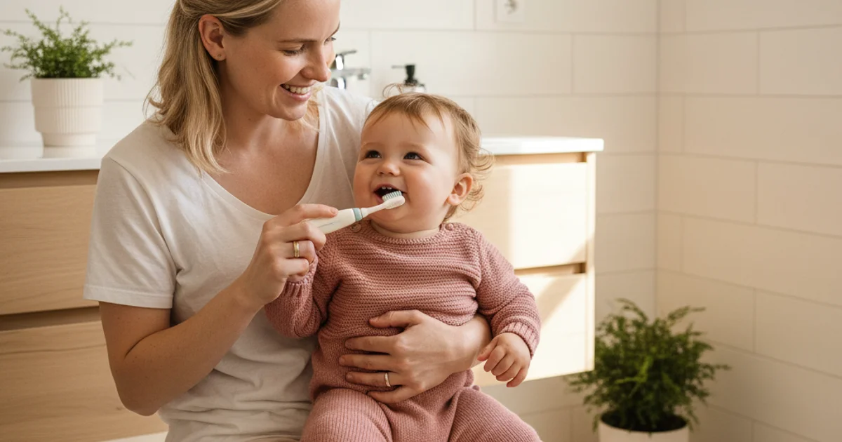 Forelder som pusser tennene til en smilende baby