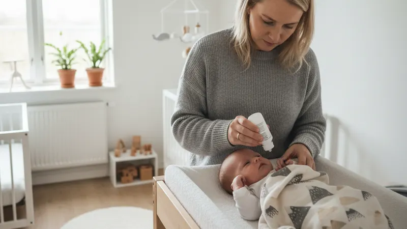 Forelder som bruker saltvannsdråper i babyens nese