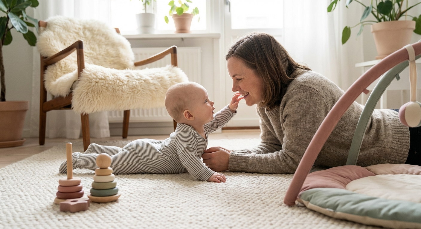 Mor og baby i varmt norsk hjem, baby møter morens blikk mens hun holder barnet i armene