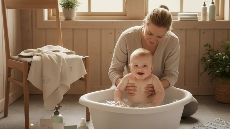 Forelder som bader baby forsiktig i babykar med lunkent vann