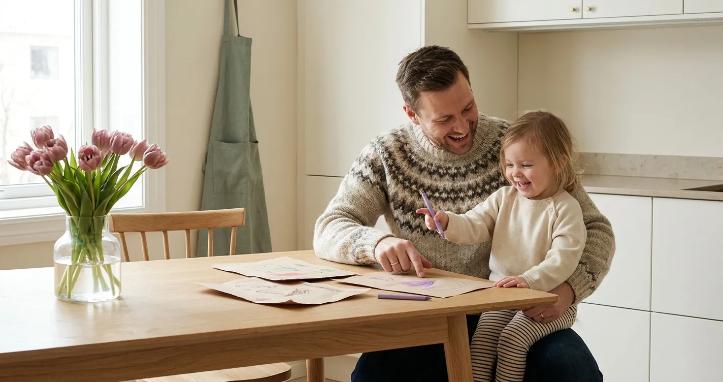 Forelder og barn i et rolig hjemmemiljø - illustrasjon for Tospråklig hjem og code-switching