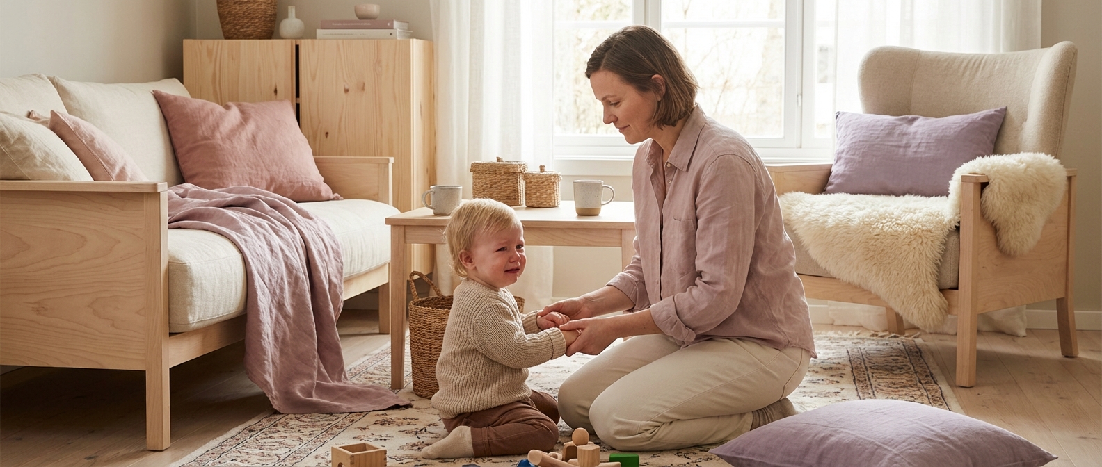 Småbarn med intense følelser i skandinavisk stue mens forelder viser rolig forståelse