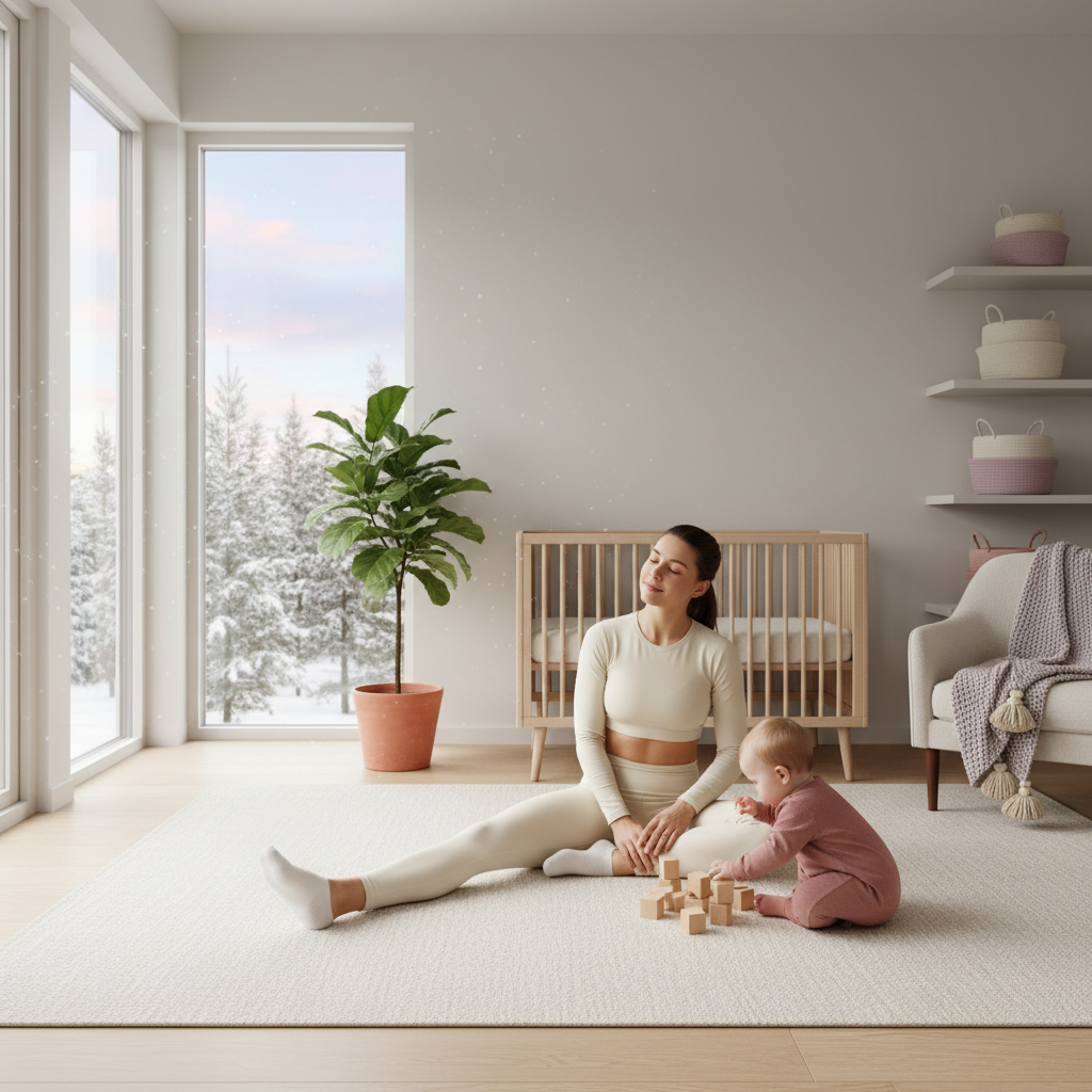 Kvinne som gjør lett styrketrening hjemme med baby i nærheten