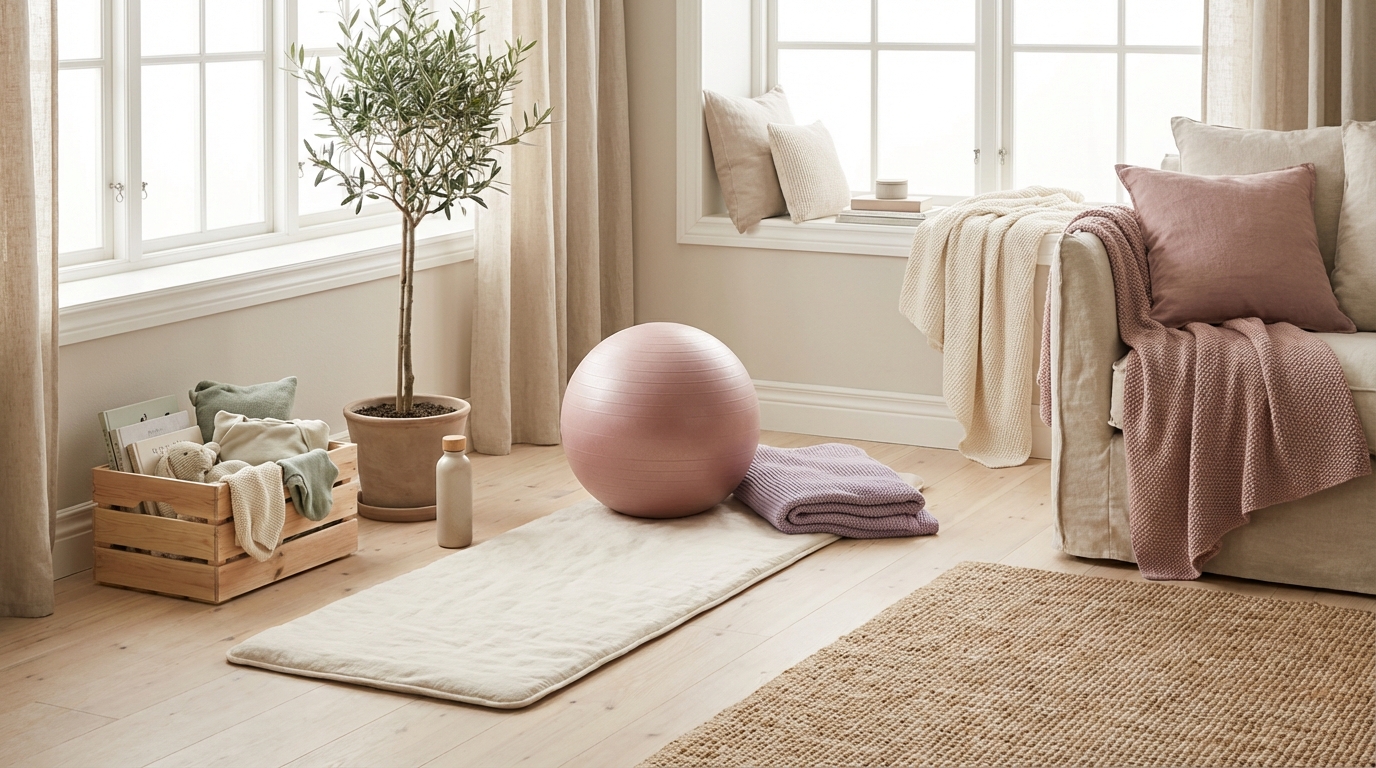 Yogamatte og lett treningstøy i en lys nordisk stue med myke farger