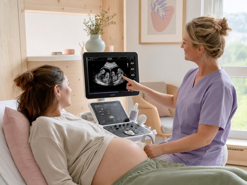 Gravid kvinne på trillingultralyd ser bilder av tre fostre på skjermen sammen med jordmor