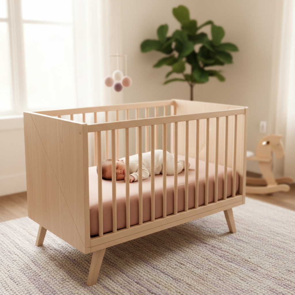 Sovende baby i trygg sovestilling på ryggen i barneseng