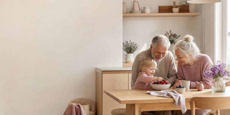 Foreldre og besteforeldre som snakker rolig sammen i en stue med et barn som leker
