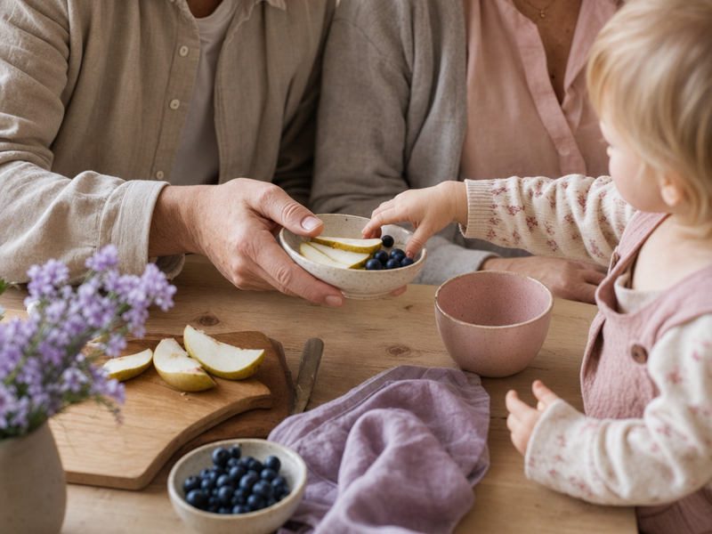 En bestemor som gir et lite barn frukt ved kjøkkenbordet, varm og hyggelig stemning