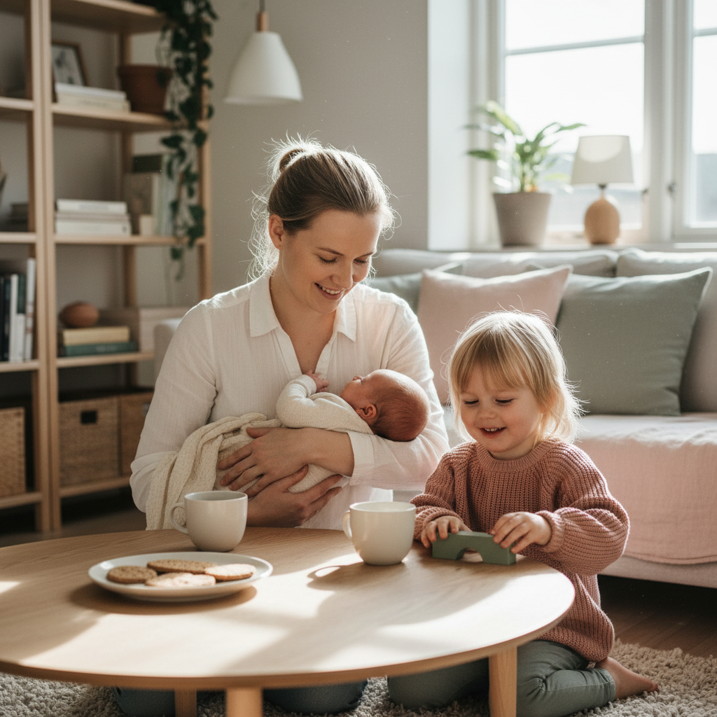 Forelder og barn i et rolig hjemmemiljø - illustrasjon for Ungarn