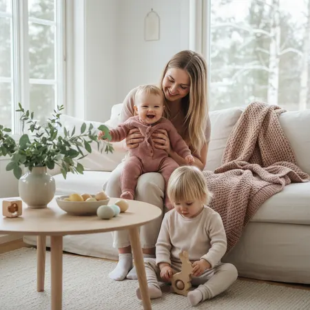 Forelder og barn i et rolig hjemmemiljø - illustrasjon for Vår og påske med baby