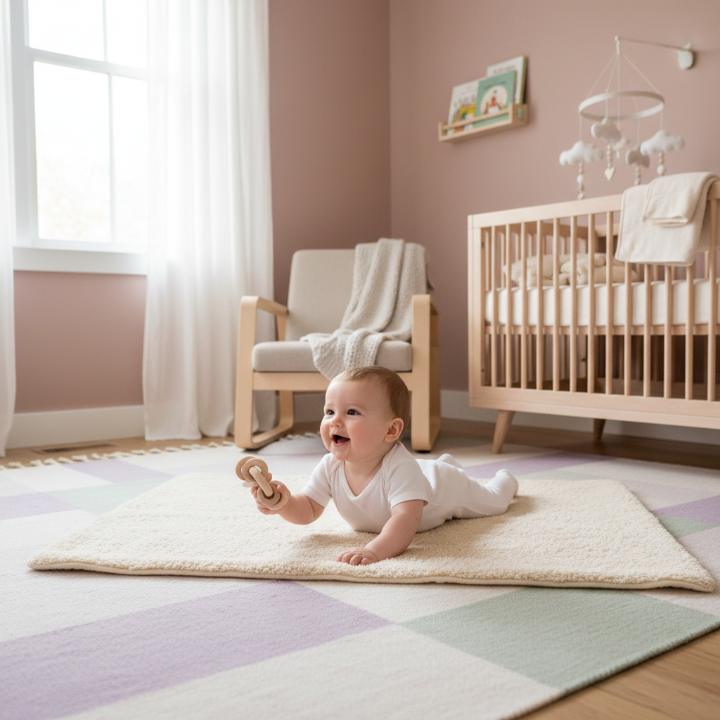 Våken baby som leker på teppe i lyst barnerom