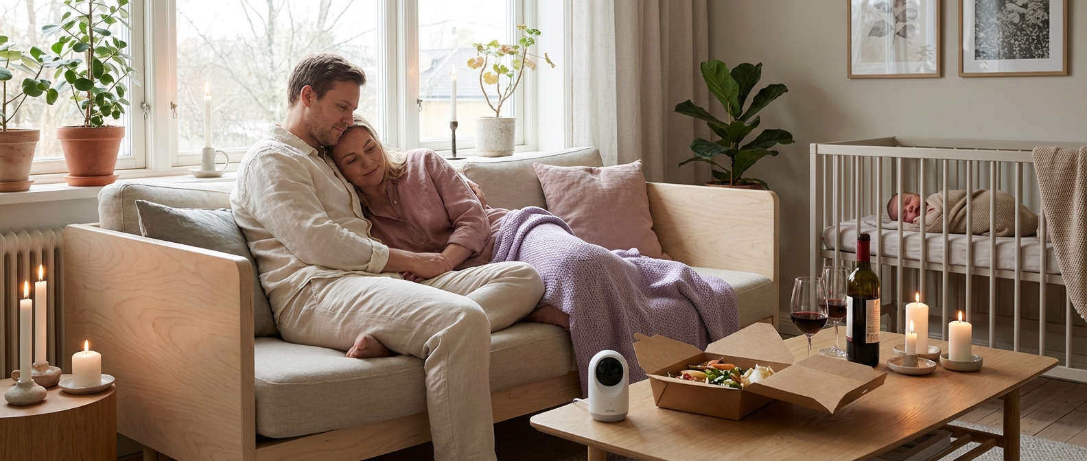 Par holder hender med babyen i bakgrunnen, varmt lys i skandinavisk hjem