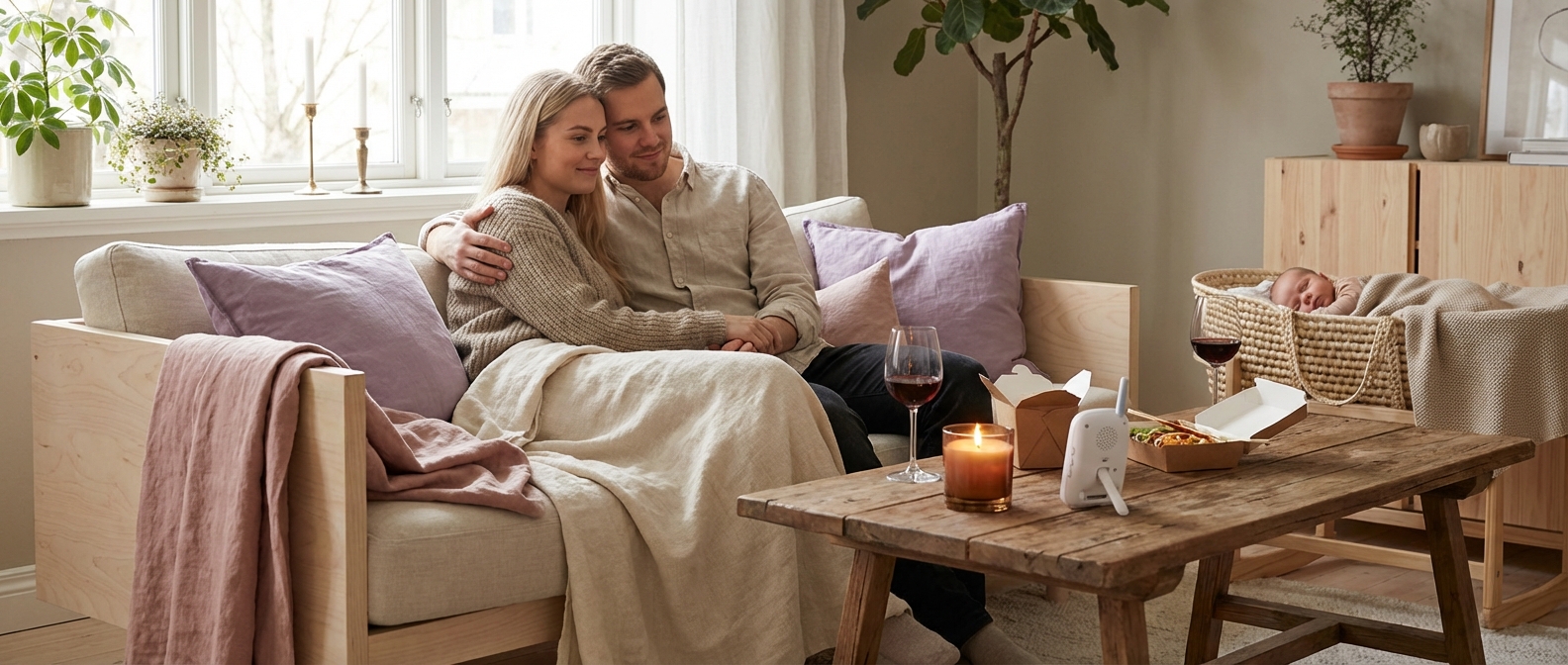 Nybakte foreldre koser seg i sofaen med stearinlys mens babyen sover