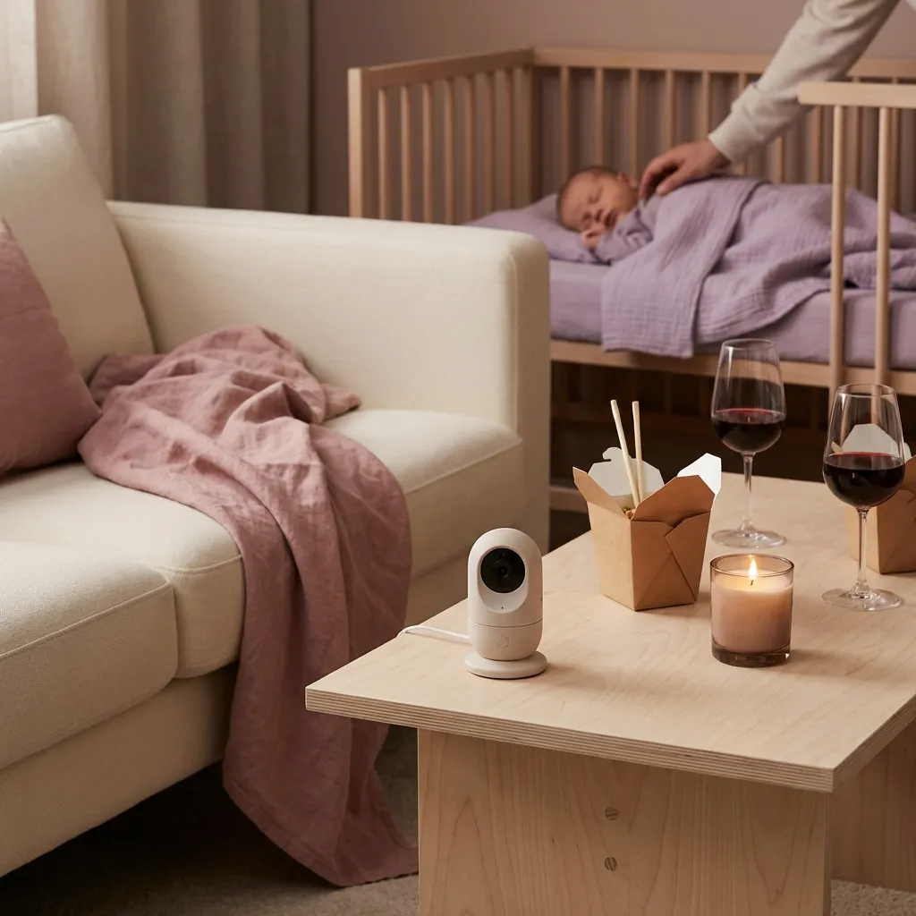 Enkel hjemme-date med takeaway, stearinlys og babymonitor på bordet