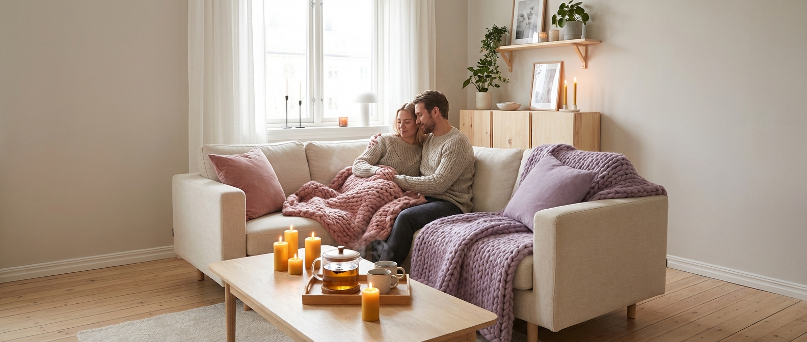 Par som omfavner hverandre i mykt lys, en varm og håpefull stemning