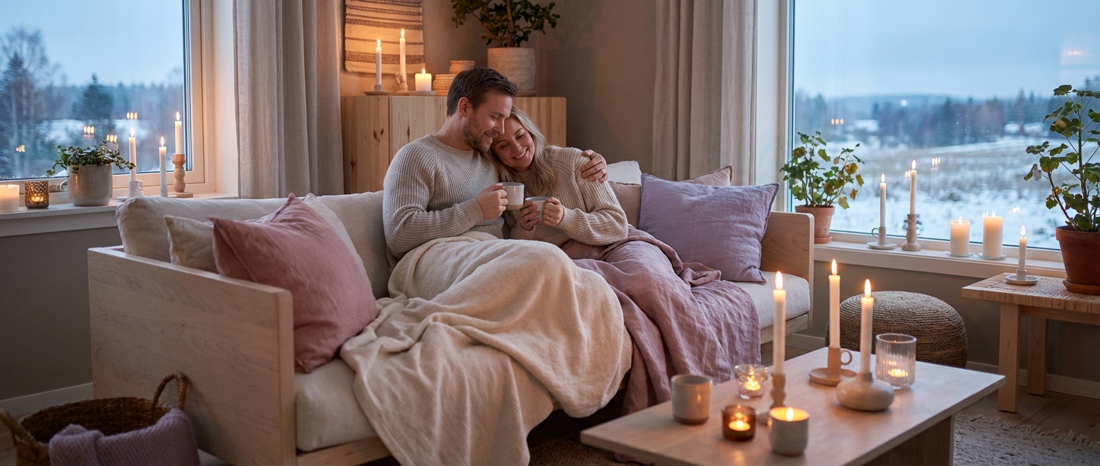 Par koser seg i stearinlys i en varm skandinavisk stue på valentinsdag