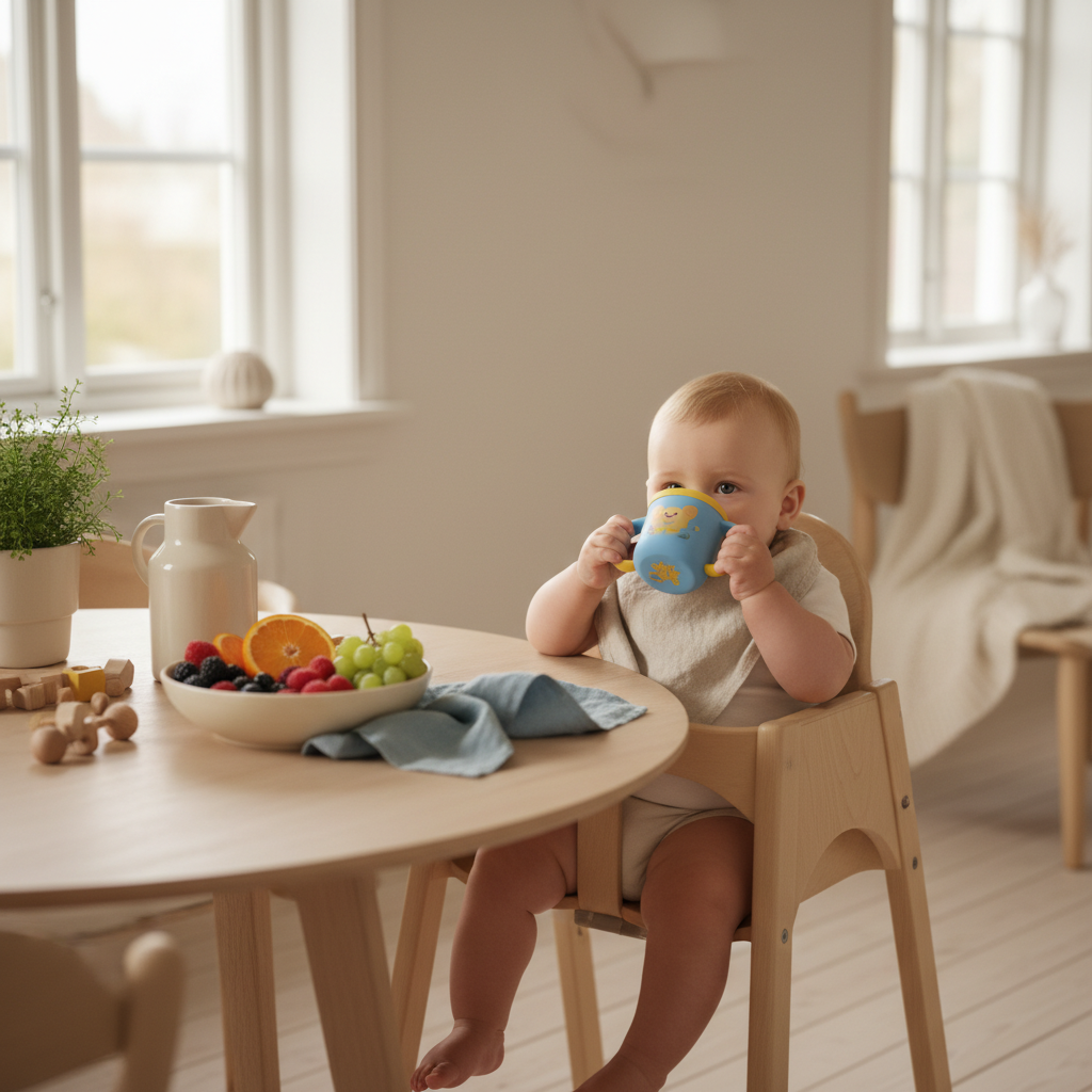 Baby som drikker vann fra en liten kopp på et lyst skandinavisk kjøkkenbord