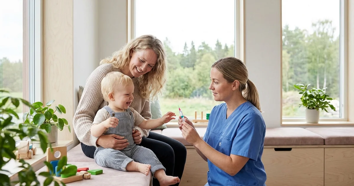 Liten baby hos legen som får vaksine på helsestasjonen