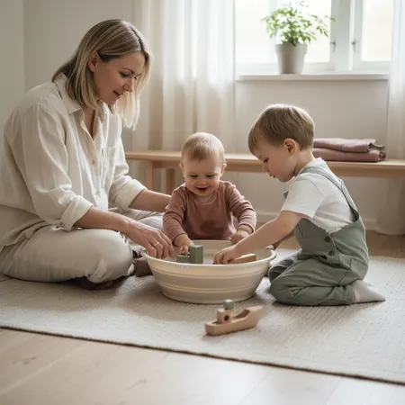 Forelder som sitter rett ved plansjebasseng mens barn leker i vannet