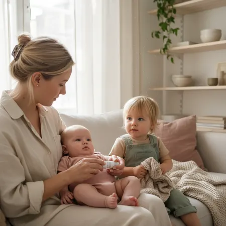 Baby i lette sommerklær med forelder i et lyst, luftig skandinavisk hjem